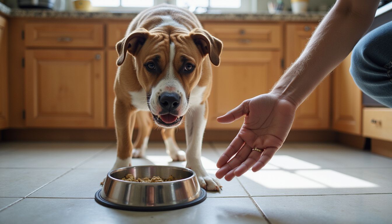 A muscular dog exhibits resource guarding over its food bowl.