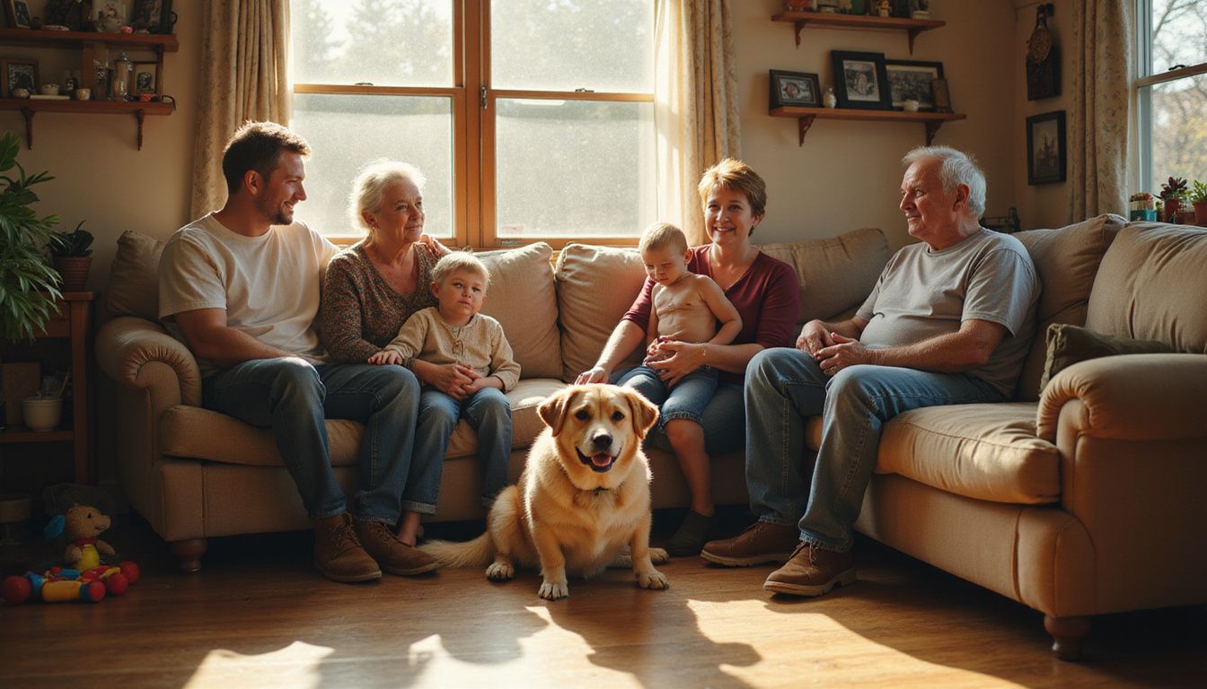 A multi-generational family enjoys a candid moment together in a lived-in living room with a calm dog.