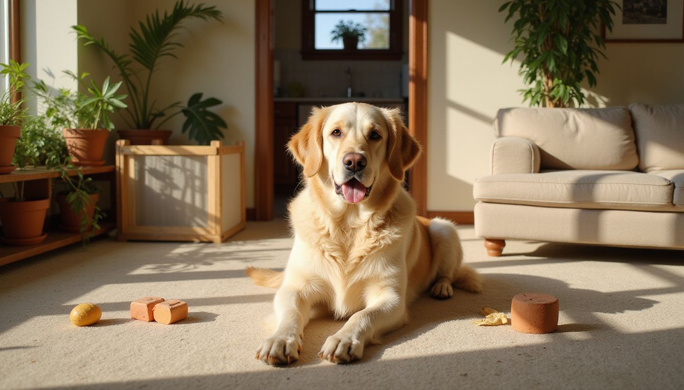 A golden retriever sits on a beige carpet surrounded by toys, plants, and a cozy living space.