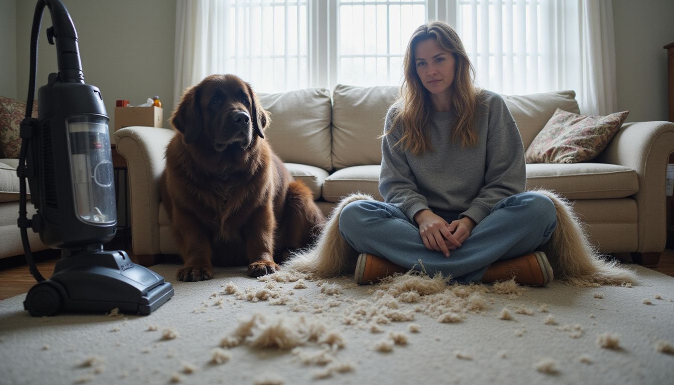 A weary woman sits on the carpet beside her shedding Newfoundland dog, surrounded by domestic chaos and pet hair.