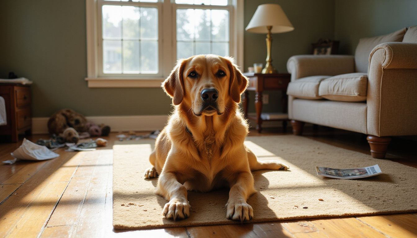 A relaxed Golden Retriever sits amidst a cozy, lived-in living room filled with toys and personal items.