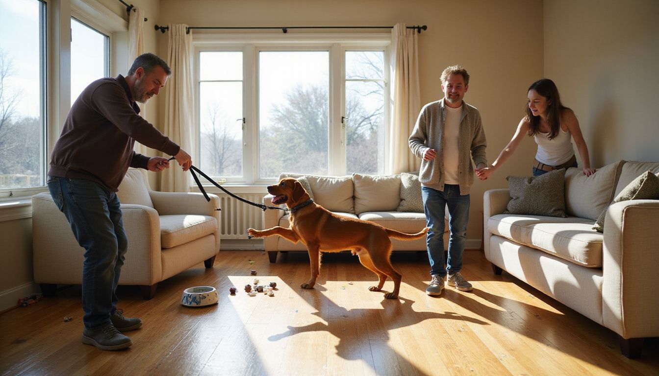 A family enjoys a lively Saturday morning at home, engaging with their playful Irish Setter amidst a lived-in living room.
