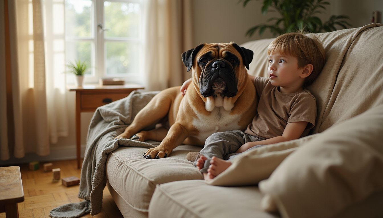 A child relaxes with a snoozing bulldog on a couch in a cozy, lived-in living room.