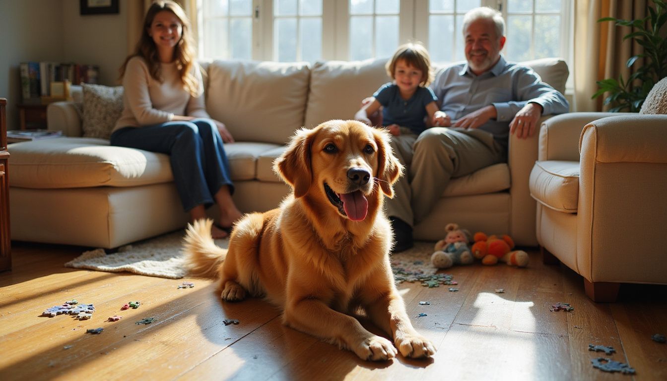 A golden retriever sits happily on a worn floor, surrounded by a woman, a child, and an elderly man.
