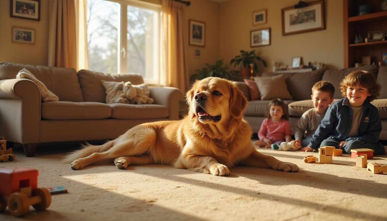 A relaxed golden retriever lies on a carpet surrounded by laughing children playing with toys and books.