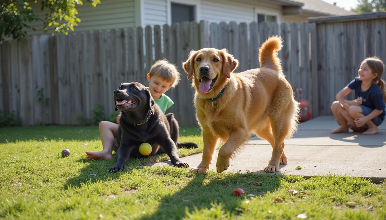A golden retriever and a black Labrador play with two laughing children in a vibrant backyard setting.
