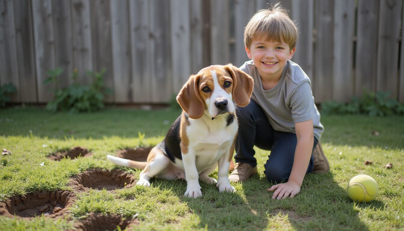 A tri-colored Beagle and a young child engage playfully in a rustic backyard filled with natural textures and unkempt grass.