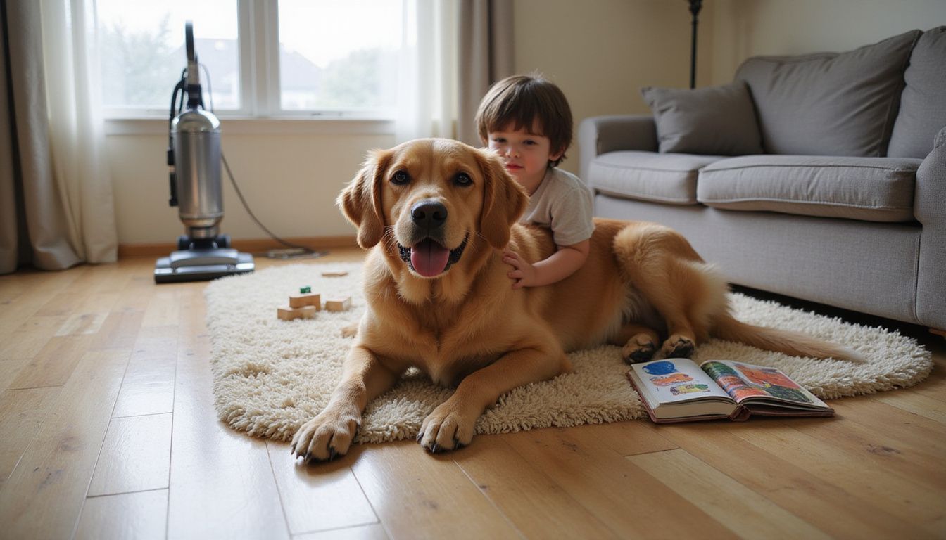 A golden retriever relaxes on the floor while a child kneels beside it, surrounded by toys in a cozy living room.
