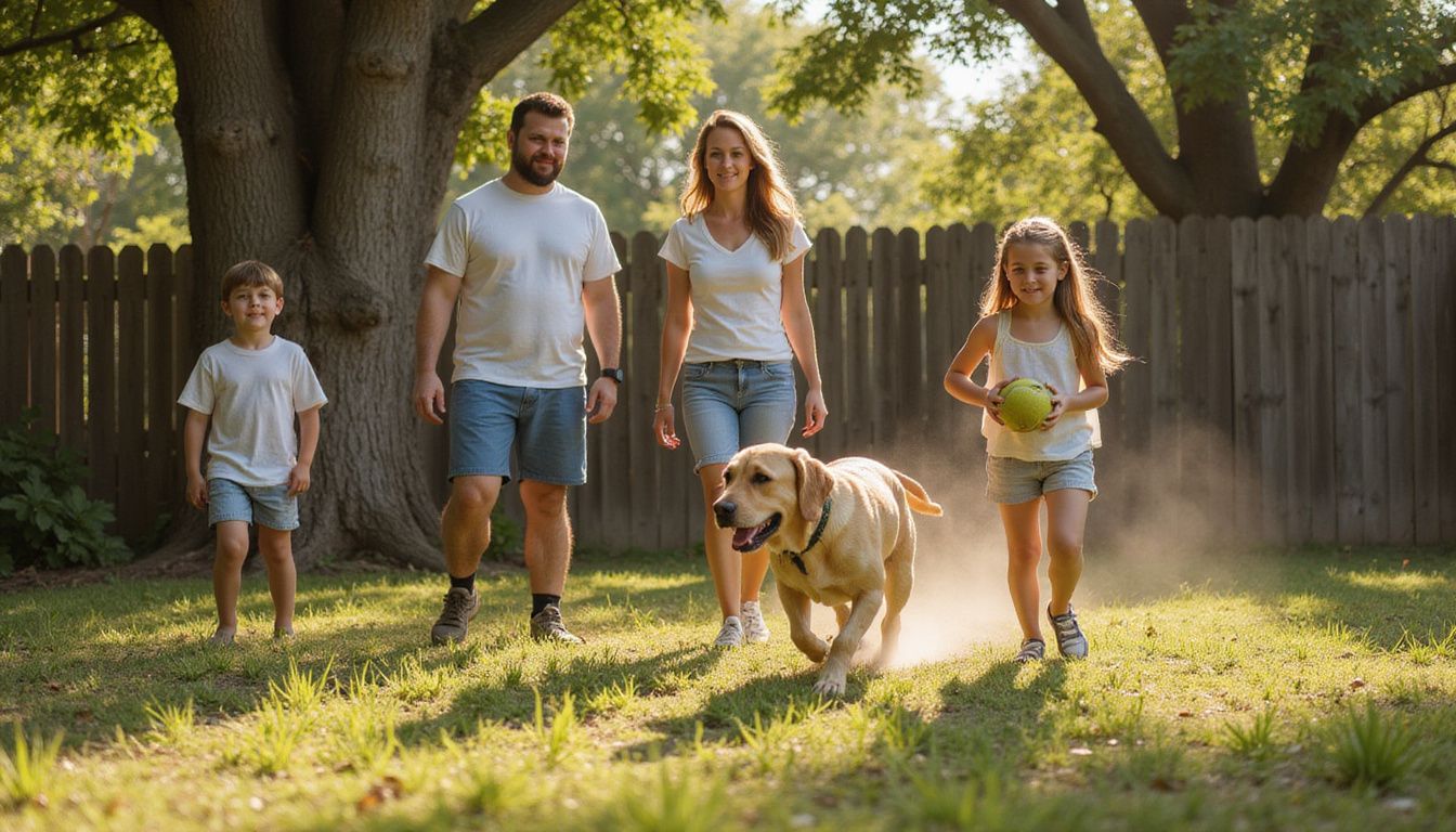 A joyful family plays fetch with their energetic Labrador Retriever in a well-loved backyard.