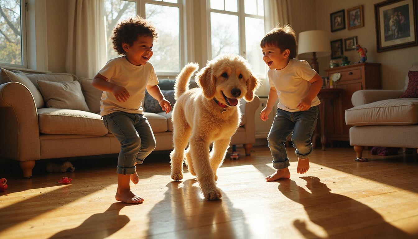 A candid moment captures a joyful family with two children and a Standard Poodle in a lived-in living room.