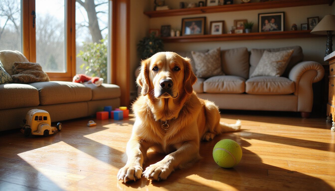 A relaxed Golden Retriever sits on hardwood flooring beside a worn tennis ball in a cozy living room filled with toys.