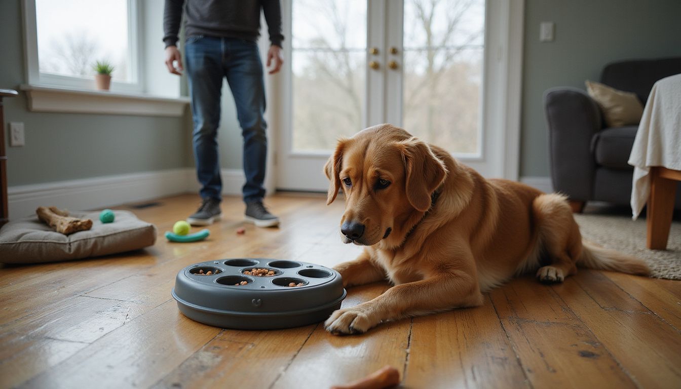 A golden retriever focuses intently on an interactive puzzle toy.