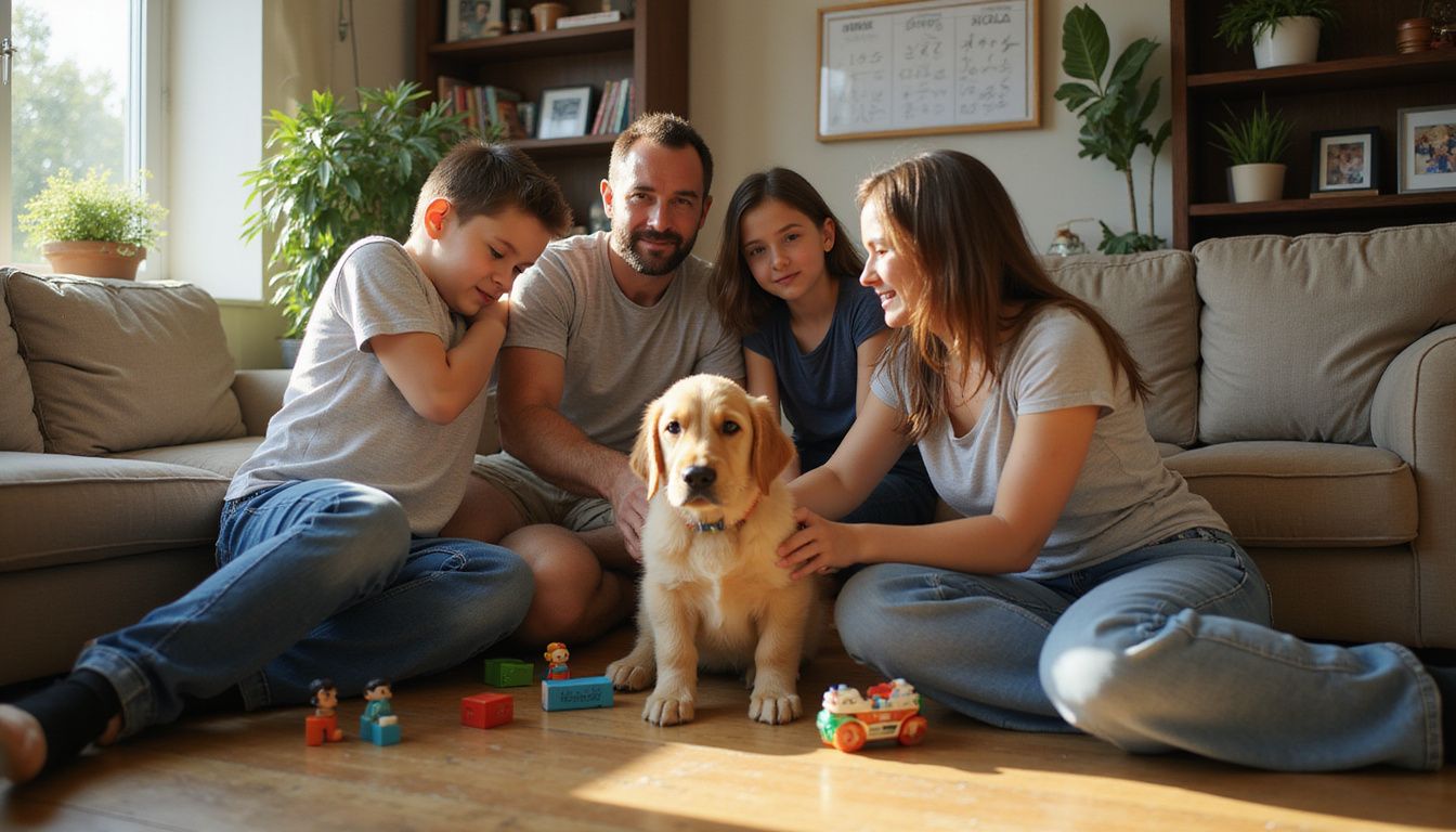 A family of four enjoys a warm moment together on a couch with their playful golden retriever puppy.