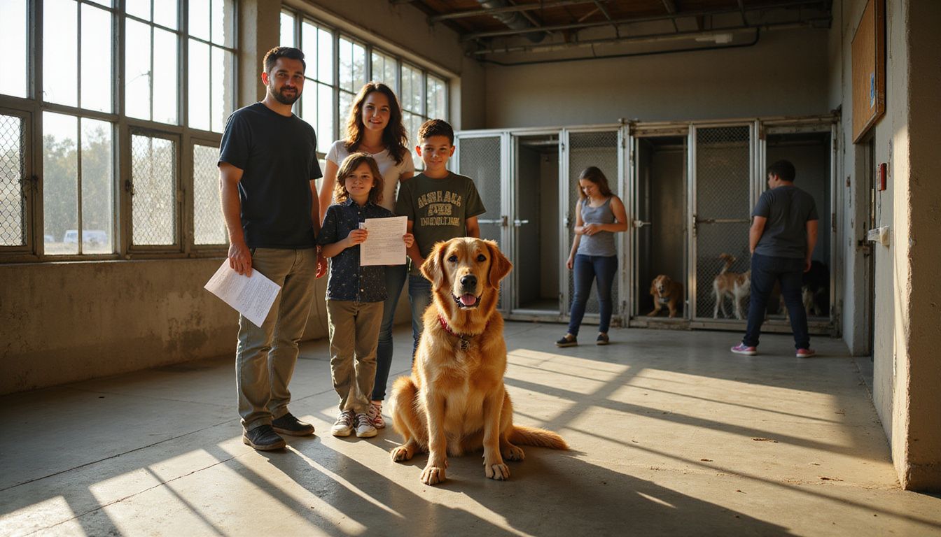 A family of four engages with dogs in an animal shelter, holding adoption paperwork and expressing genuine emotions.