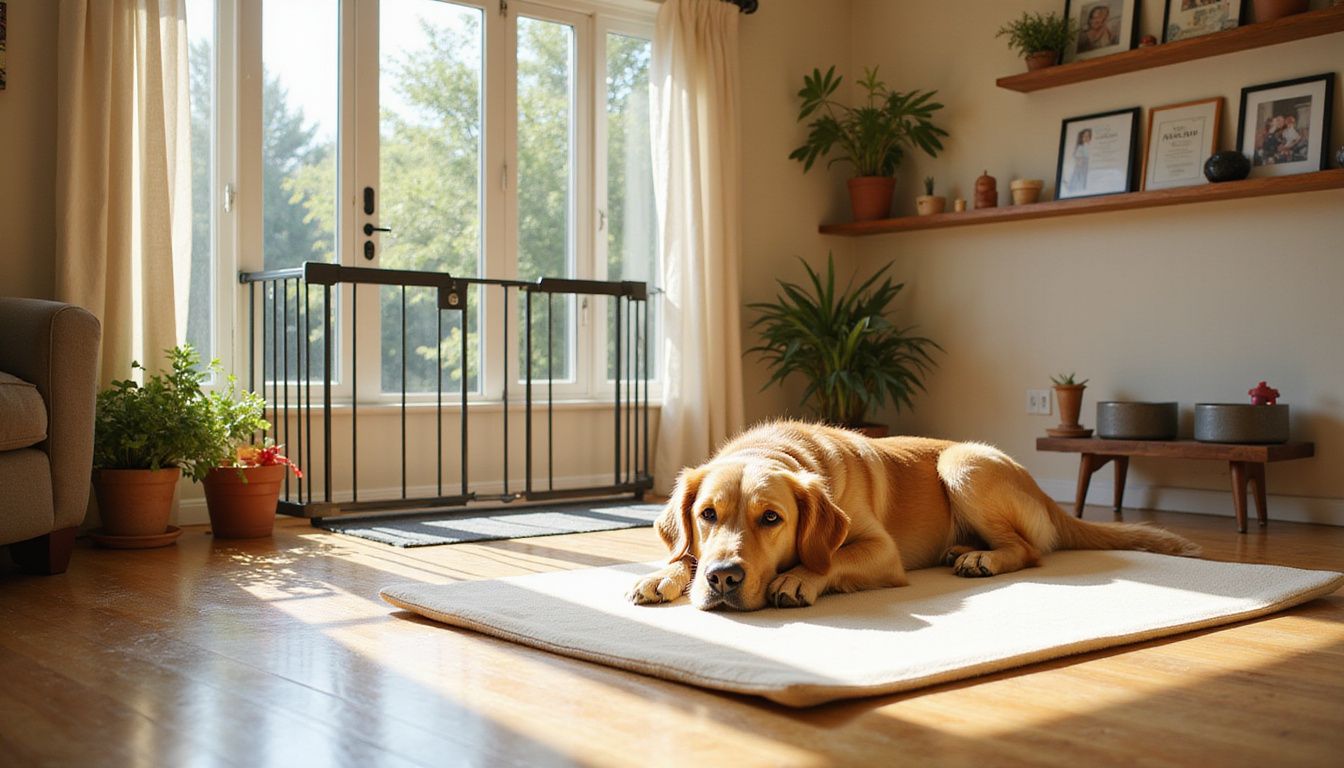 A golden retriever relaxes on a dog mat in a cozy, lived-in family home filled with toys and personal touches.