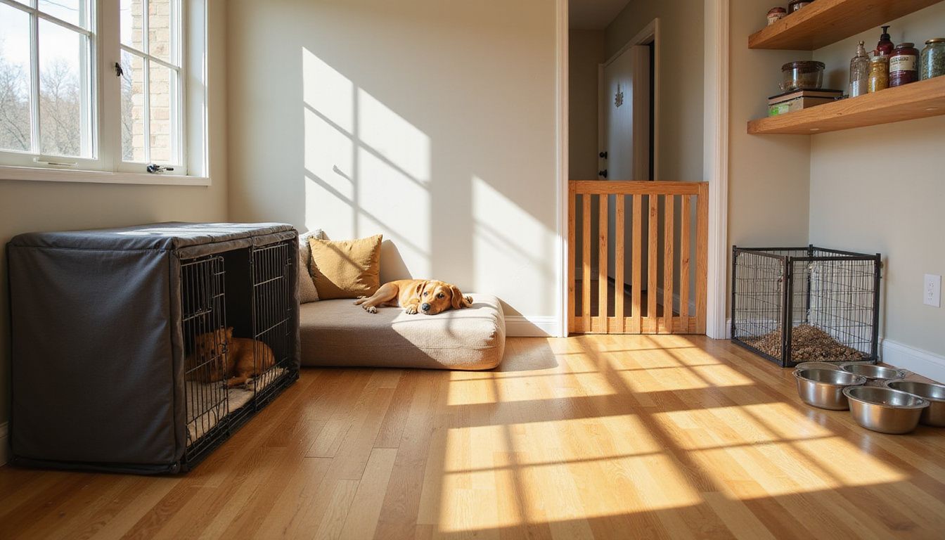 A medium-sized dog relaxes inside a crate in a cozy, organized living room with various pet accessories.