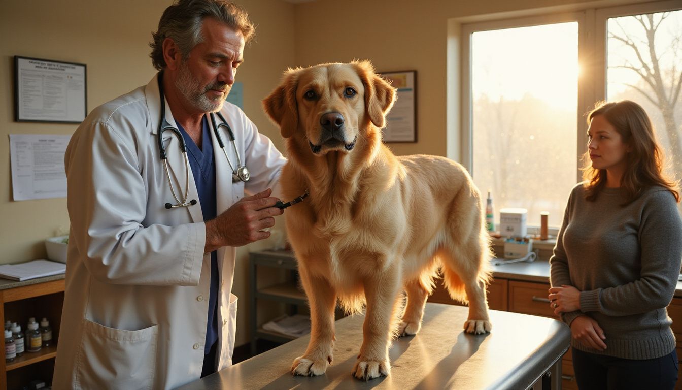 A veteran veterinarian examines a calm Golden Retriever while the concerned owner observes in a cozy clinic setting.