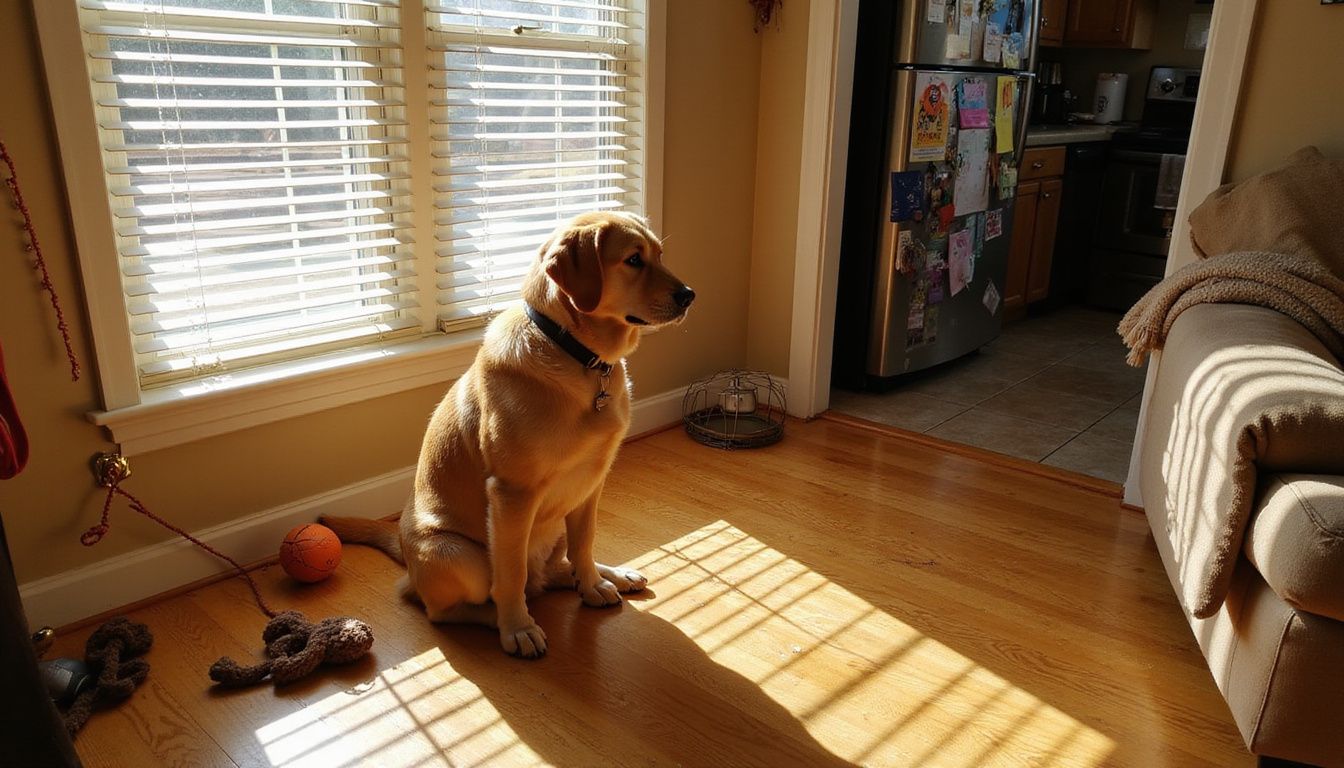 A golden Labrador sits by a bay window, watchfully observing the street, surrounded by toys and signs of family life.