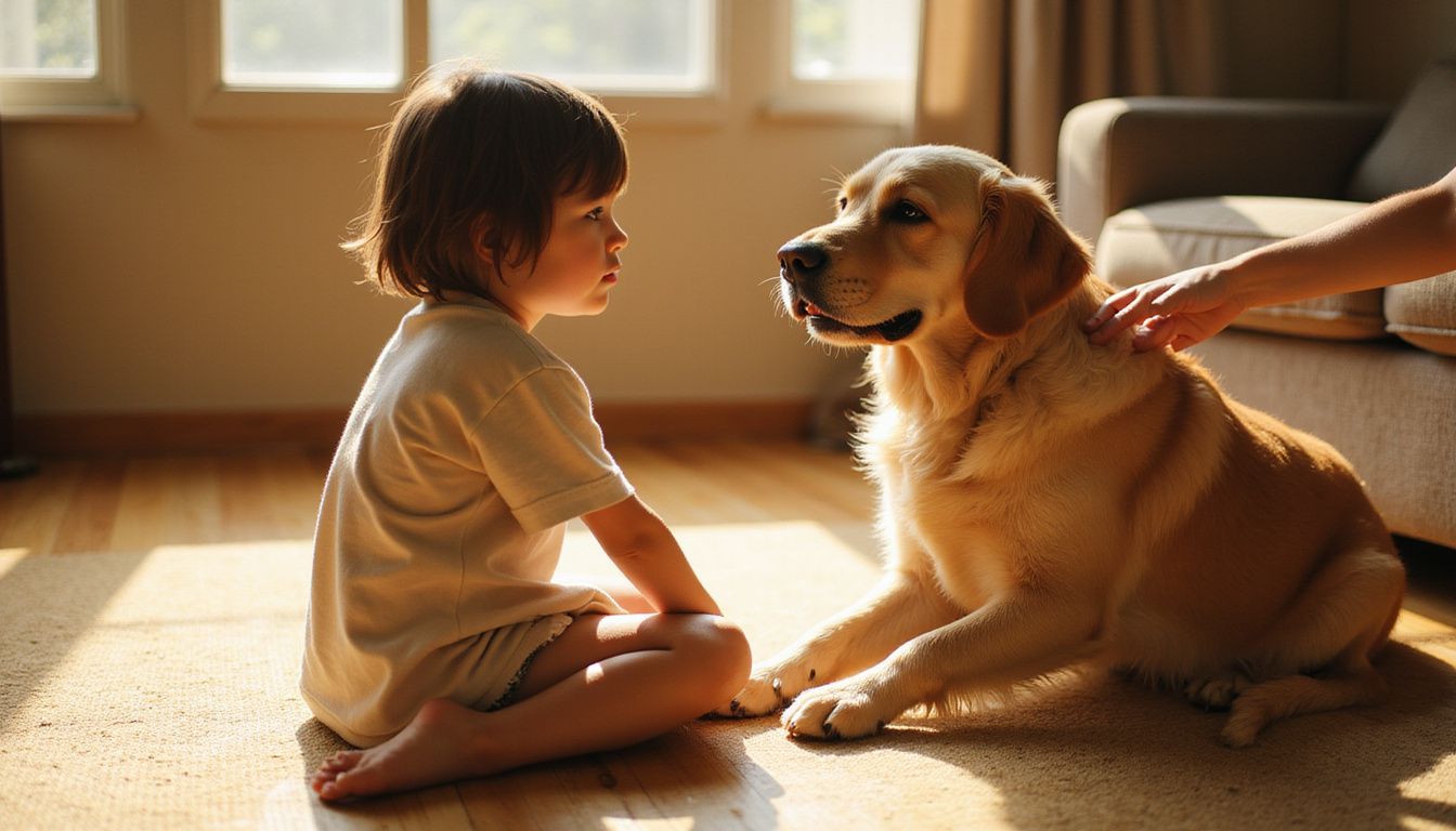 A focused six-year-old child interacts gently with a relaxed Golden Retriever on a hardwood floor.