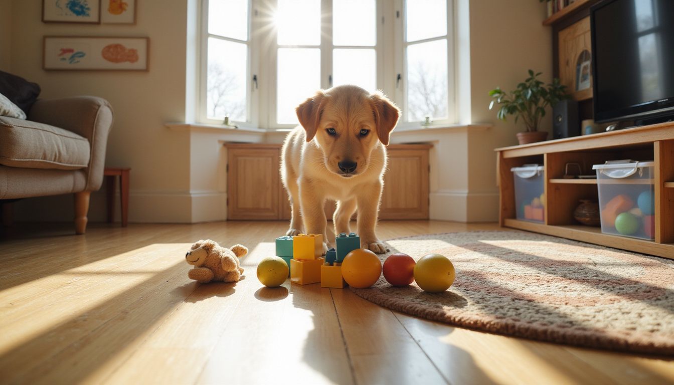 A golden retriever puppy curiously explores a semicircle of children's toys on a hardwood floor in a cozy living room.