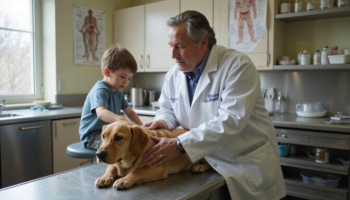 A veterinarian examines a golden retriever's abdomen while an attentive child observes closely from a nearby stool.