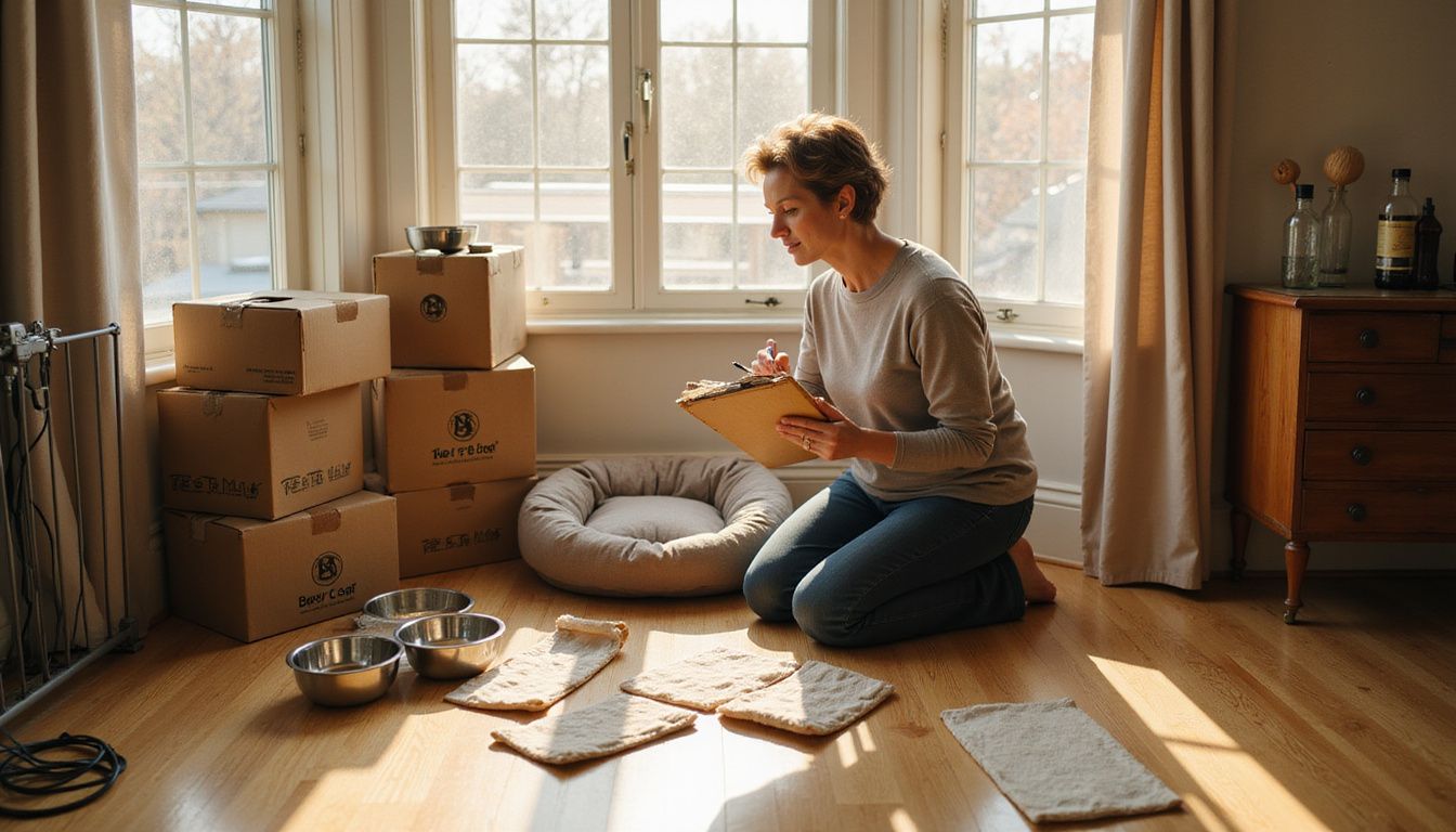 A middle-aged woman organizes a pet corner in her living room, preparing for a new animal companion.