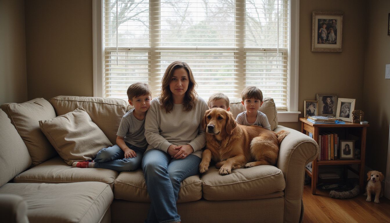 A woman relaxes on a couch with her two children and a golden retriever, surrounded by family memorabilia.