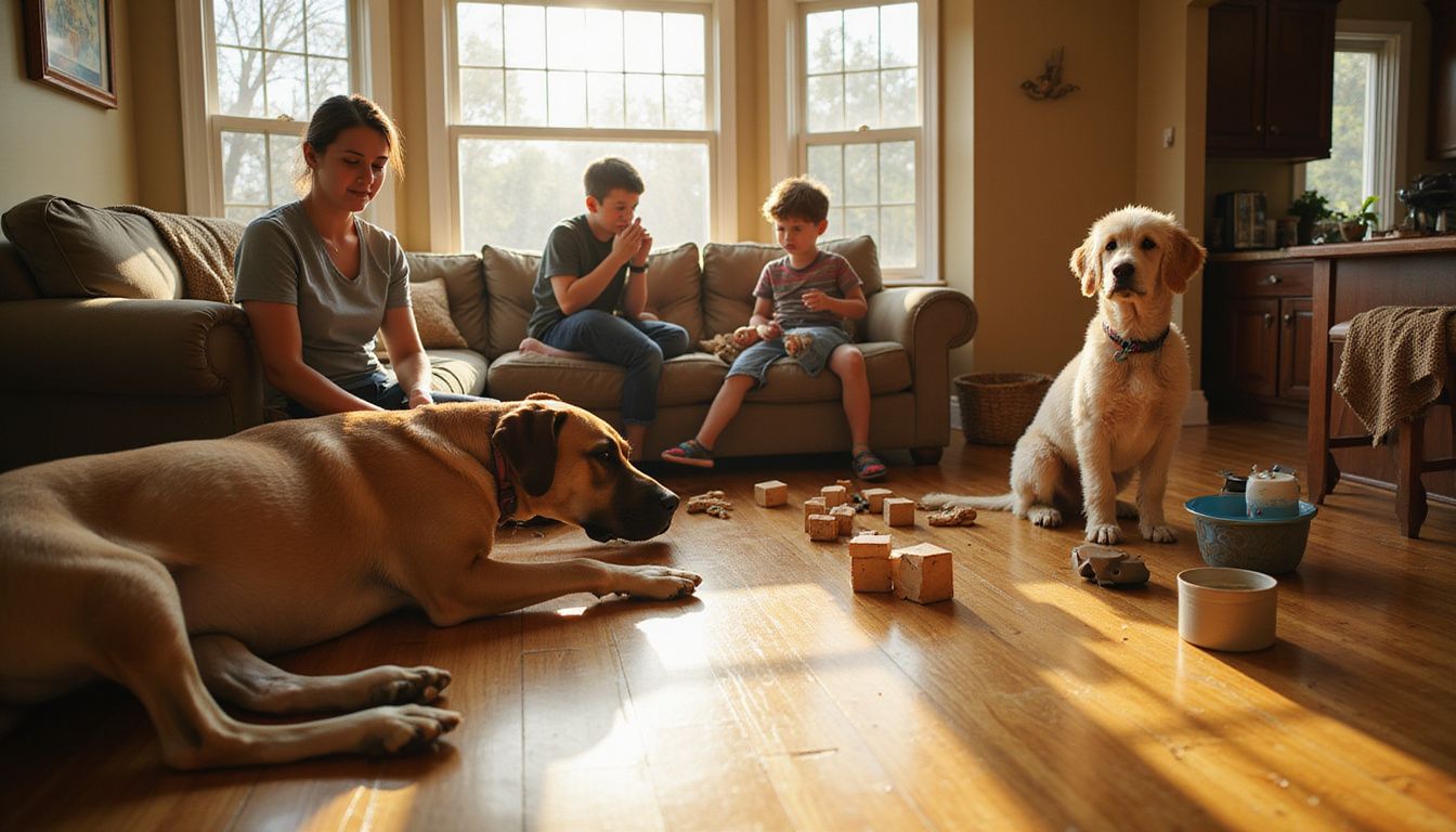 A family home scene features a Great Dane, children playing with toys, and a relaxed woman on hardwood flooring.
