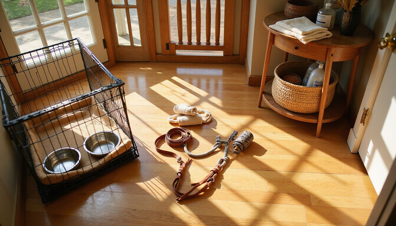 An organized collection of dog care essentials is arranged on hardwood flooring, showcasing various pet supplies and grooming items.