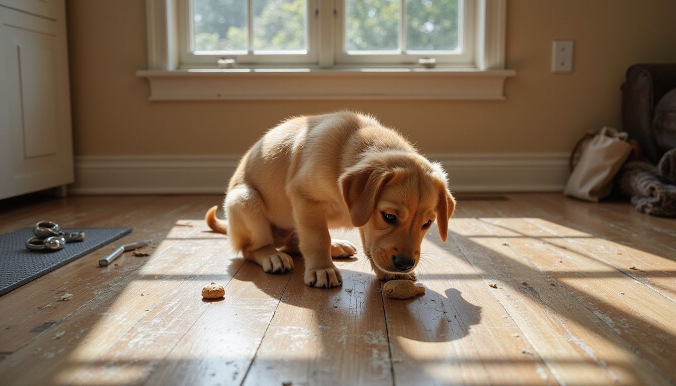 A focused golden retriever puppy sits on a weathered hardwood floor, eyeing a training treat amidst scattered training equipment.