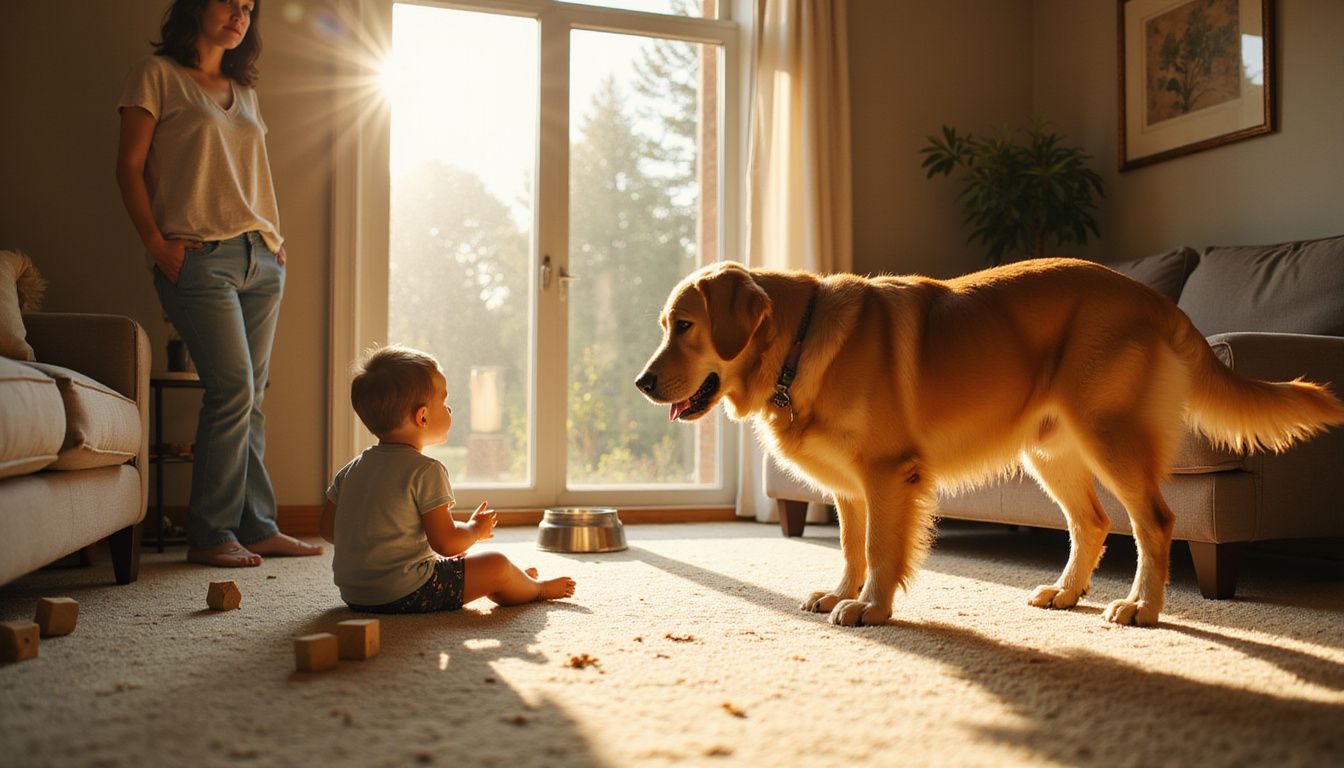A woman watches intently as a child meets a golden retriever for the first time in a cozy living room.