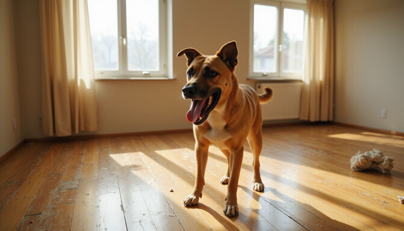 A mixed-breed dog barks energetically in a sparse living room.
