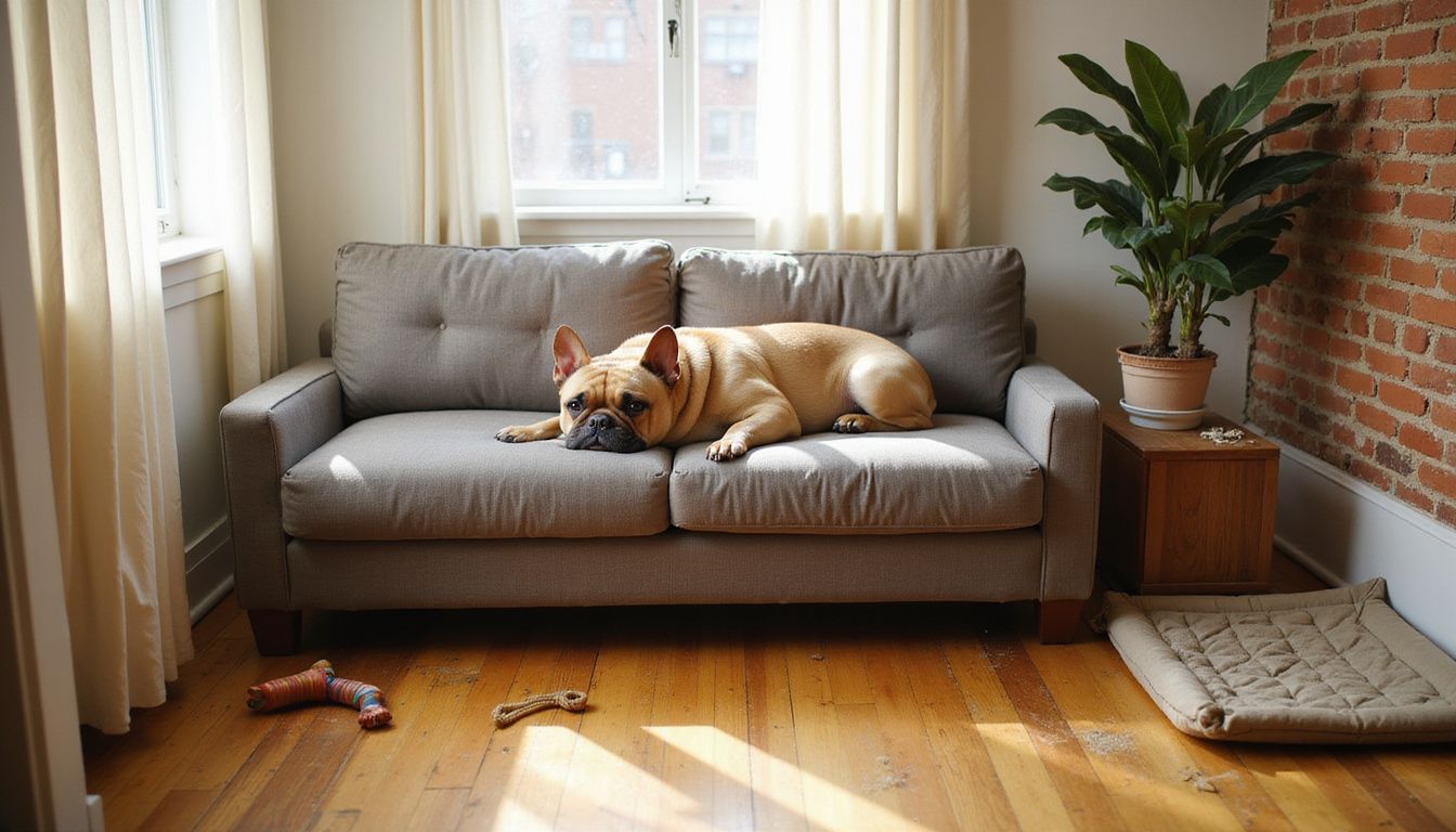 A relaxed fawn-colored French Bulldog rests on a gray sofa in a cozy, lived-in urban apartment.