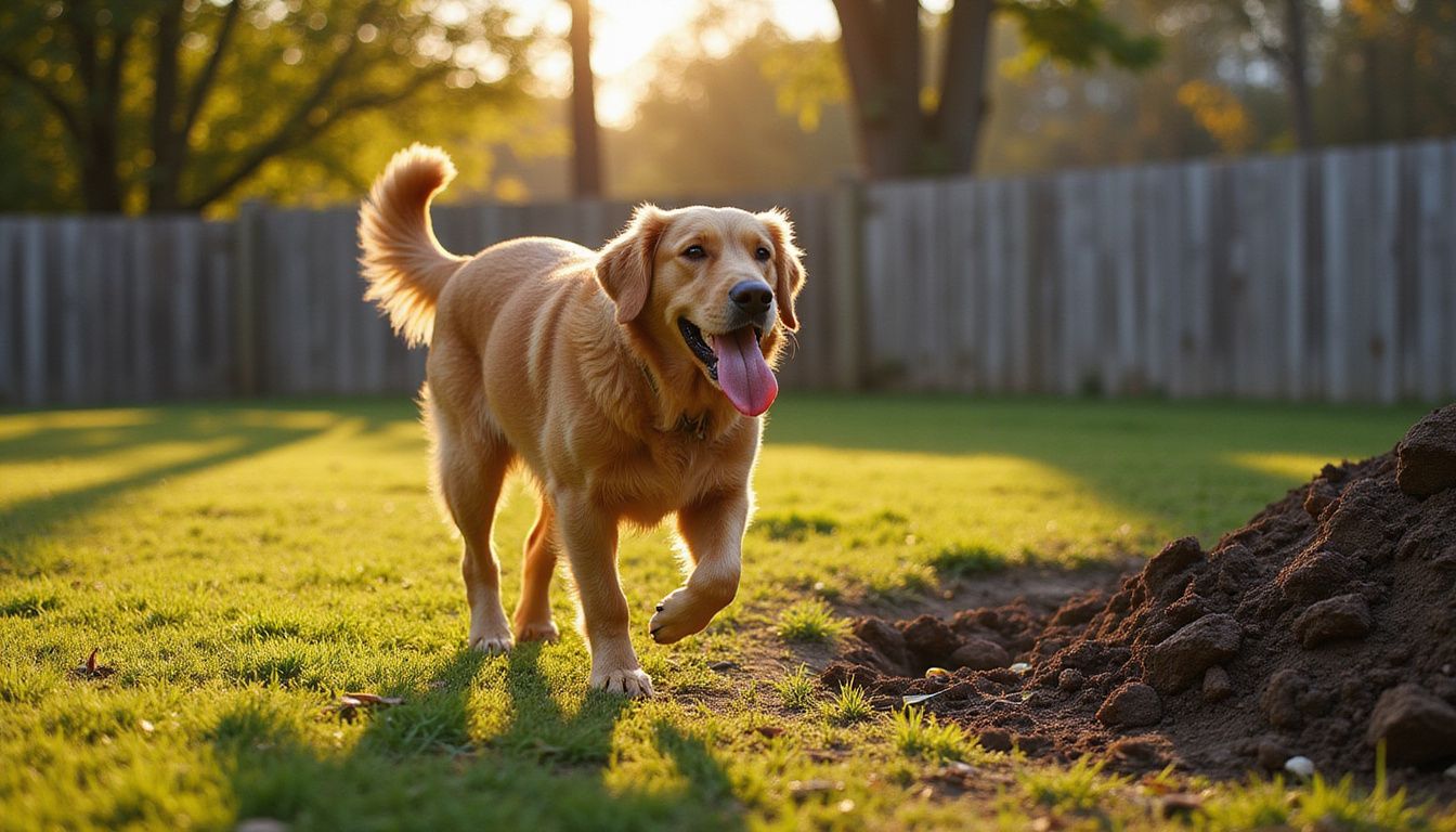 A golden retriever sprints joyfully through a suburban backyard with freshly dug earth nearby.