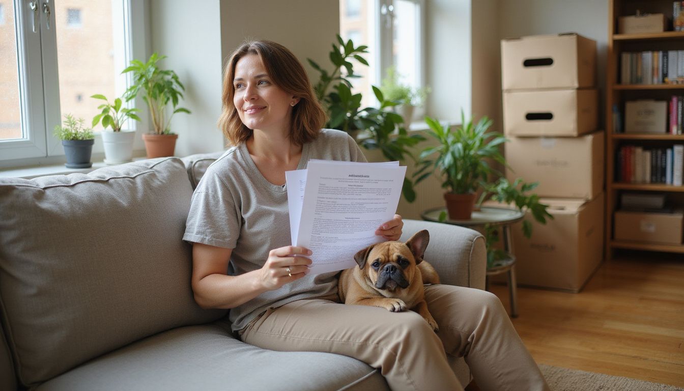 A woman happily holds adoption papers while a French Bulldog relaxes on her lap in a cozy, lived-in space.