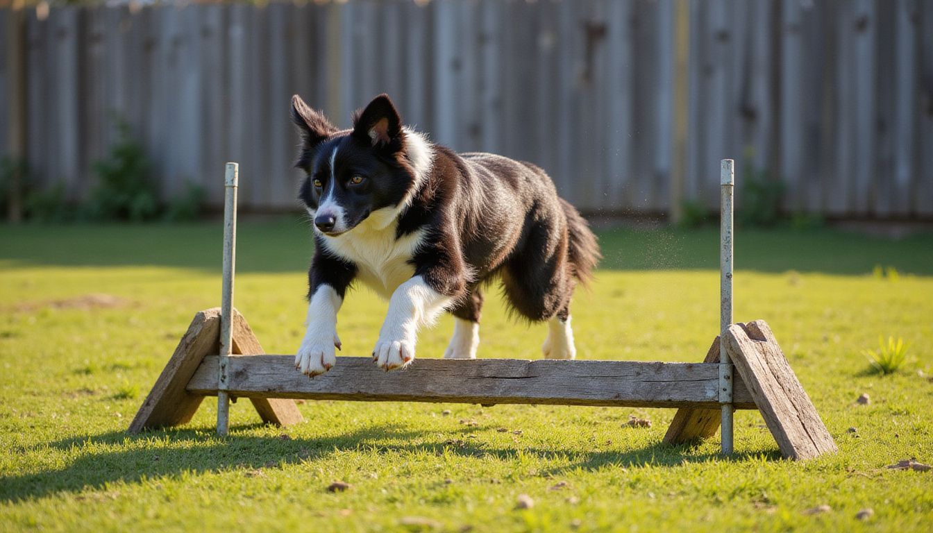 A focused Border Collie leaps over a rustic wooden jump, showcasing its athleticism and sharp physical features.