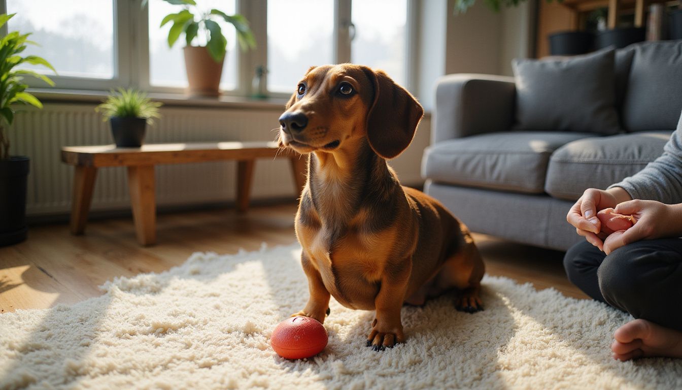A smooth-coated dachshund sits beside an adult on a plush rug, engaged with a red rubber squeaky toy.