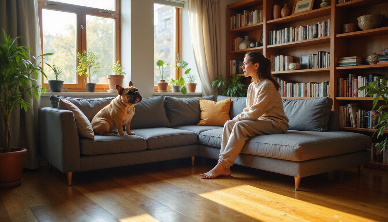 A relaxed French Bulldog and a young woman enjoy a cozy moment in a modest urban apartment living room.