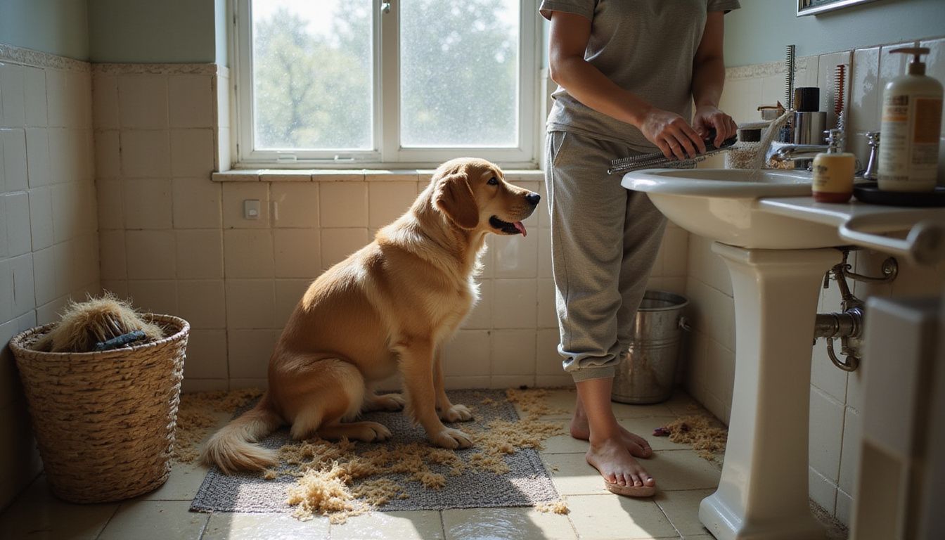 A woman grooms a Golden Retriever in a cozy bathroom, surrounded by grooming supplies and scattered fur.