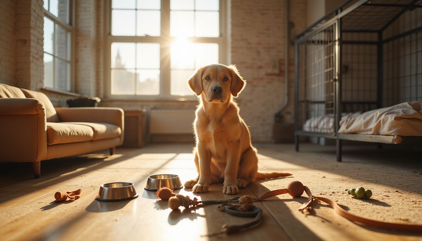 A golden retriever puppy appears confused in a split-screen between a spacious loft and a cramped studio apartment.