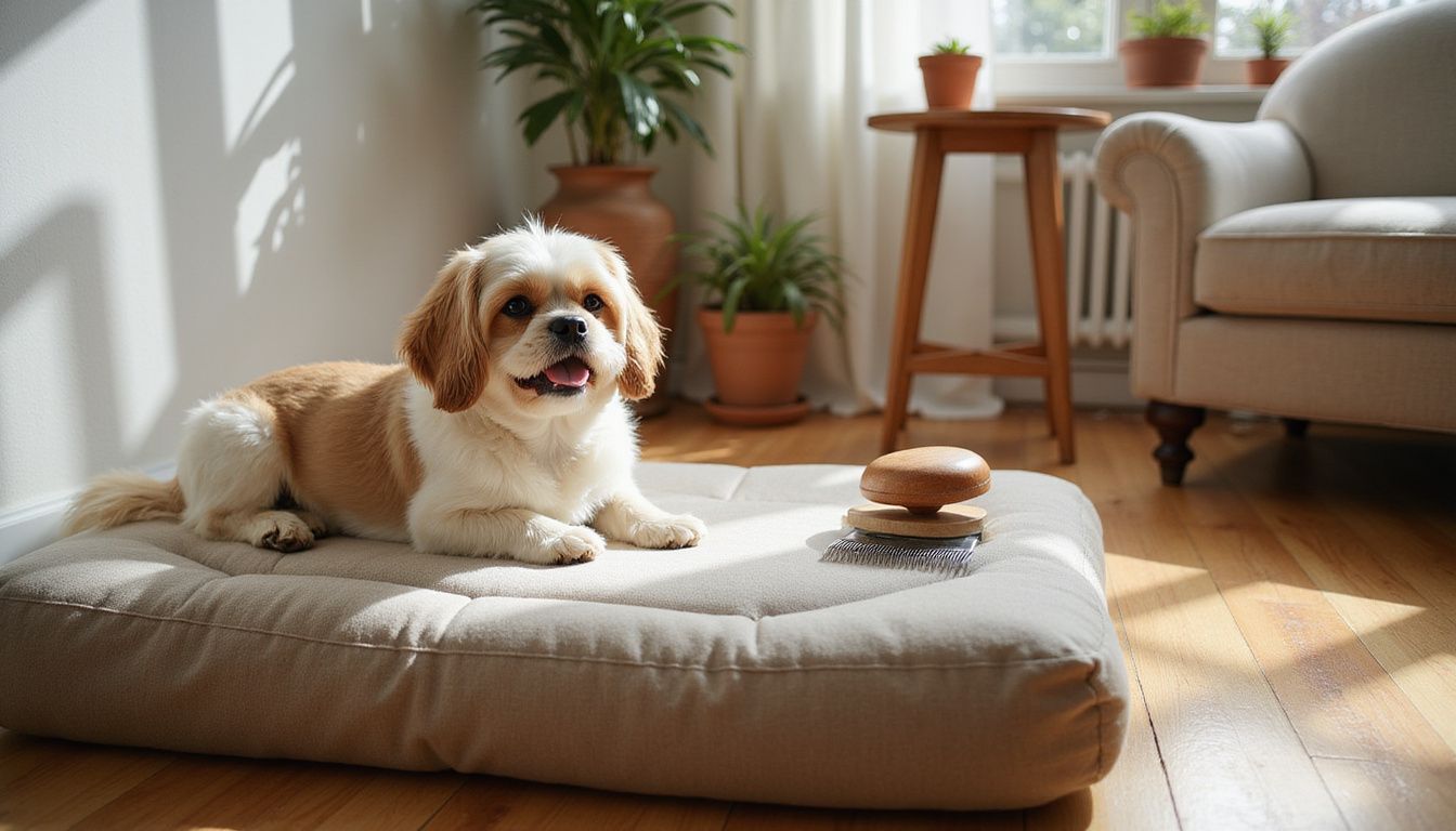 A beautifully groomed Shih Tzu relaxes on a memory foam dog bed in a cozy living room.
