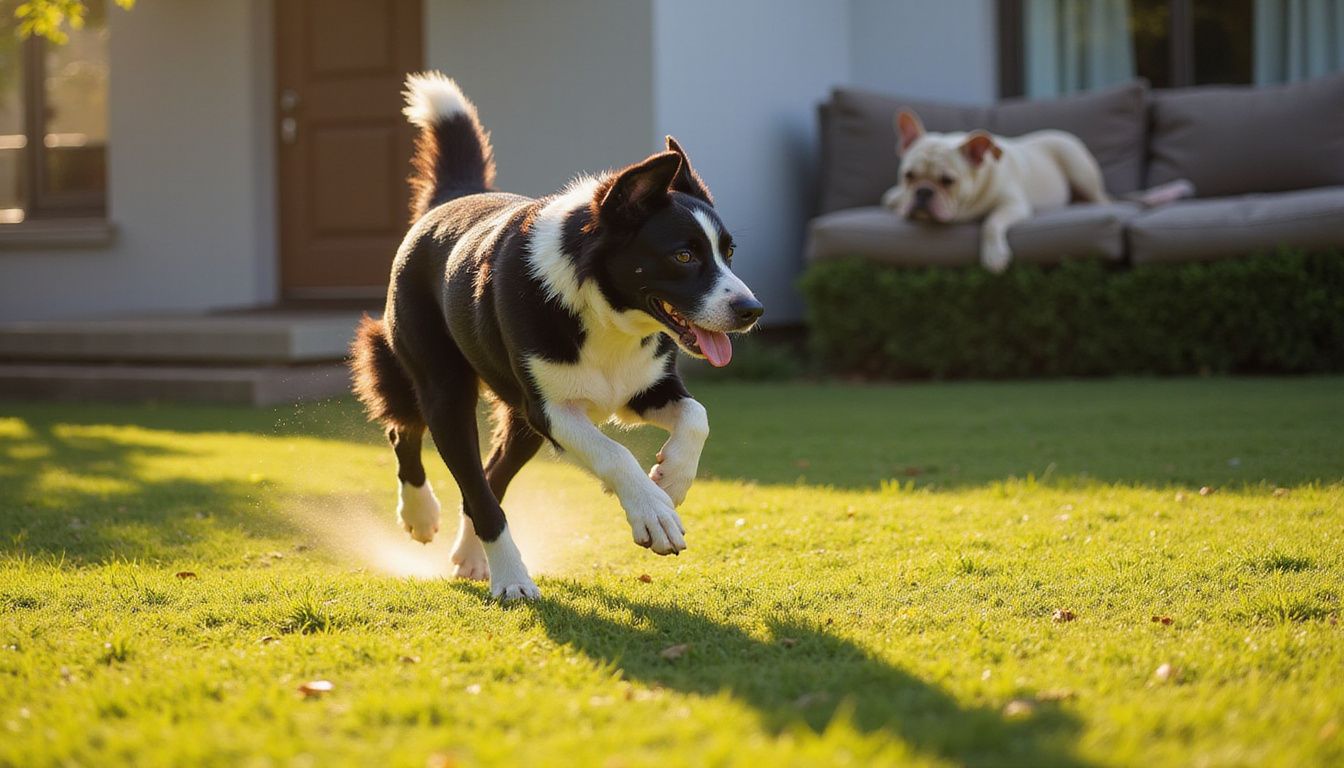 A muscular Border Collie sprints across a lawn while a relaxed French Bulldog lounges on a balcony.