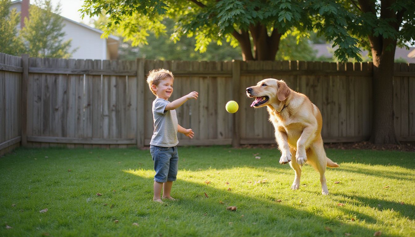 A joyful boy throws a tennis ball as a leaping Golden Retriever catches it in a vibrant backyard.