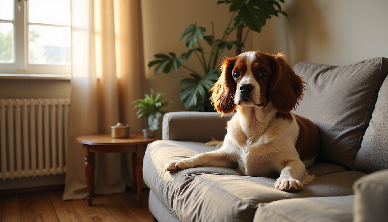 A relaxed Cavalier King Charles Spaniel sits on a worn grey sofa, gazing softly at the camera.