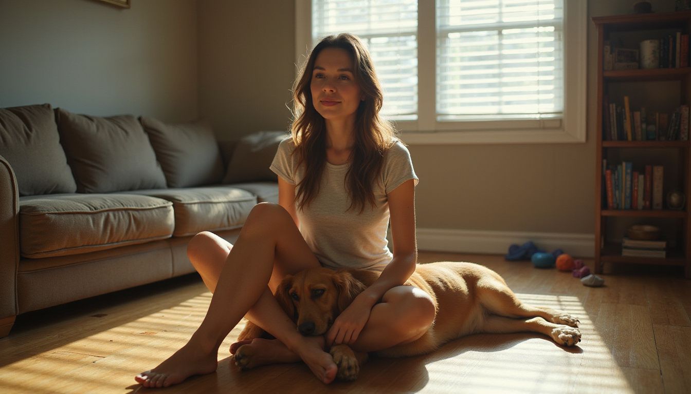 A contemplative woman sits cross-legged on the floor, relaxed with her Golden Retriever resting against her.