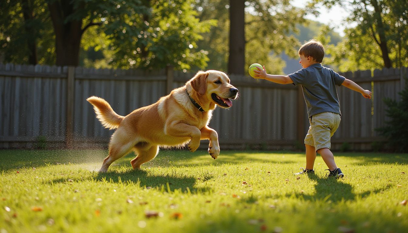 A muscular golden Labrador leaps joyfully through grass while a young boy eagerly prepares to throw a tennis ball.