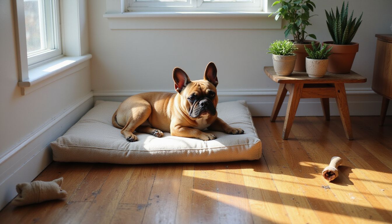 A relaxed French Bulldog rests on an orthopedic bed in a cozy, minimalist studio apartment.