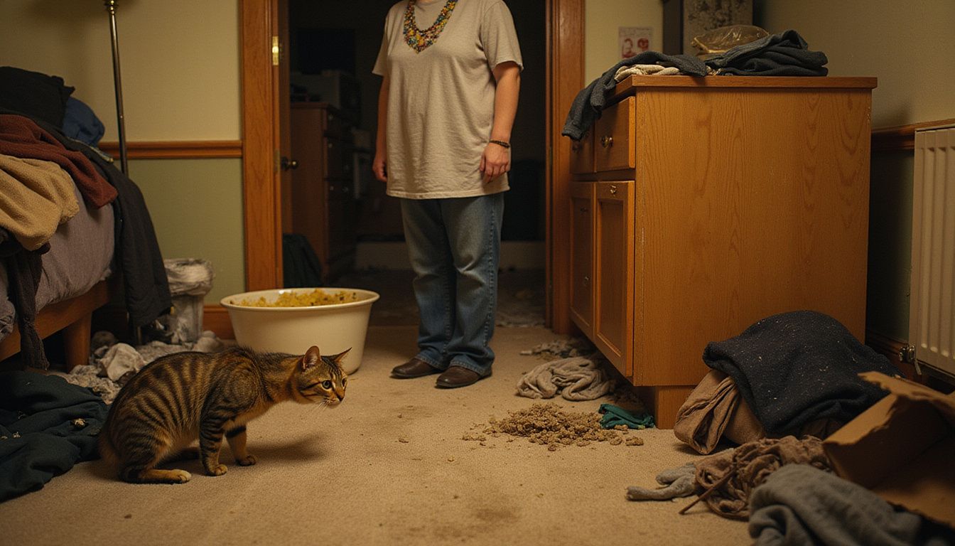 A distressed tabby cat crouches in a cluttered bedroom while a frustrated woman observes the chaotic surroundings. A distressed tabby cat crouches in a cluttered bedroom while a frustrated woman observes the chaotic surroundings.