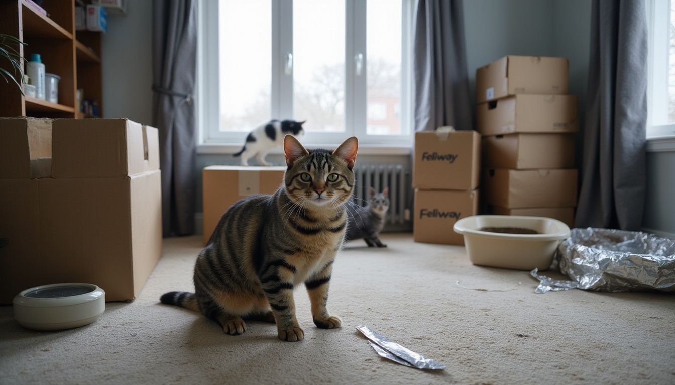 A tense tabby cat stands near a litter box in a cluttered, transitional living room filled with moving boxes. A tense tabby cat stands near a litter box in a cluttered, transitional living room filled with moving boxes.