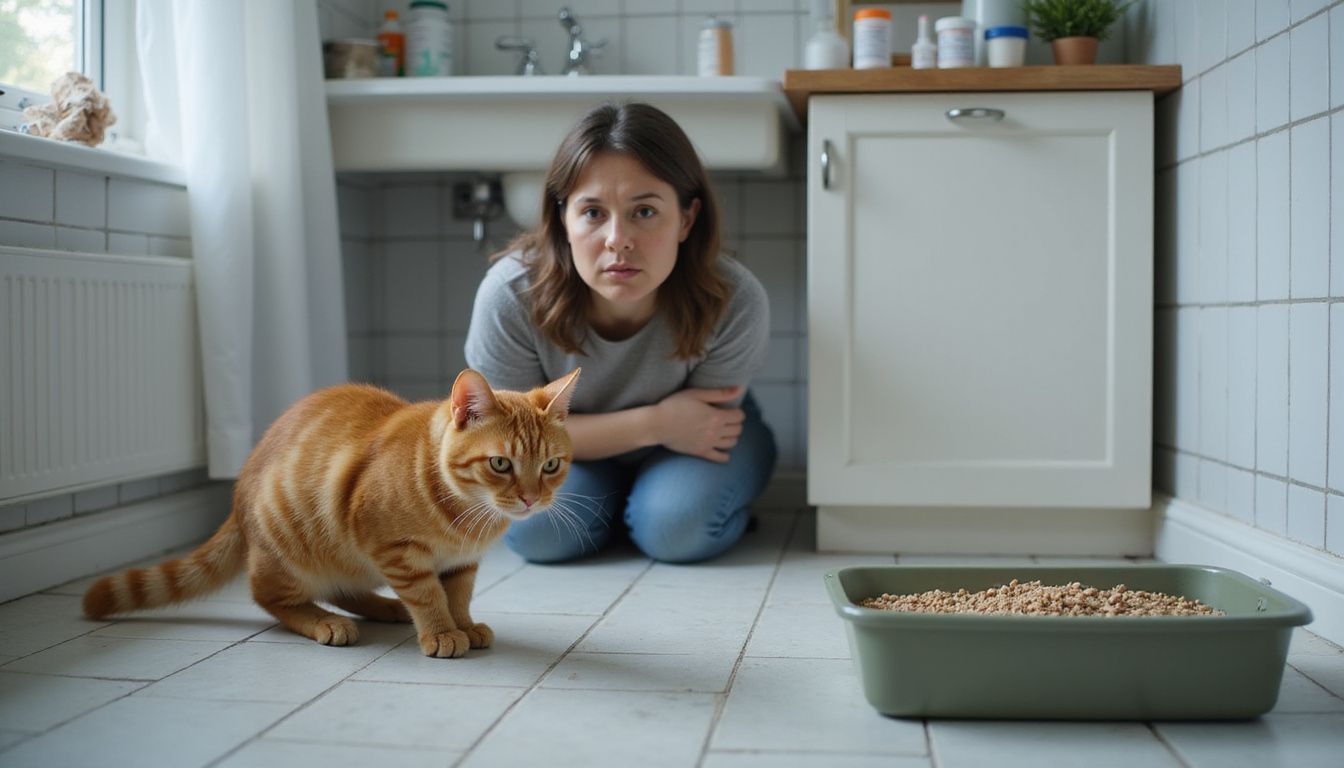 An anxious orange tabby cat approaches a litter box while a concerned woman watches attentively nearby. An anxious orange tabby cat approaches a litter box while a concerned woman watches attentively nearby.